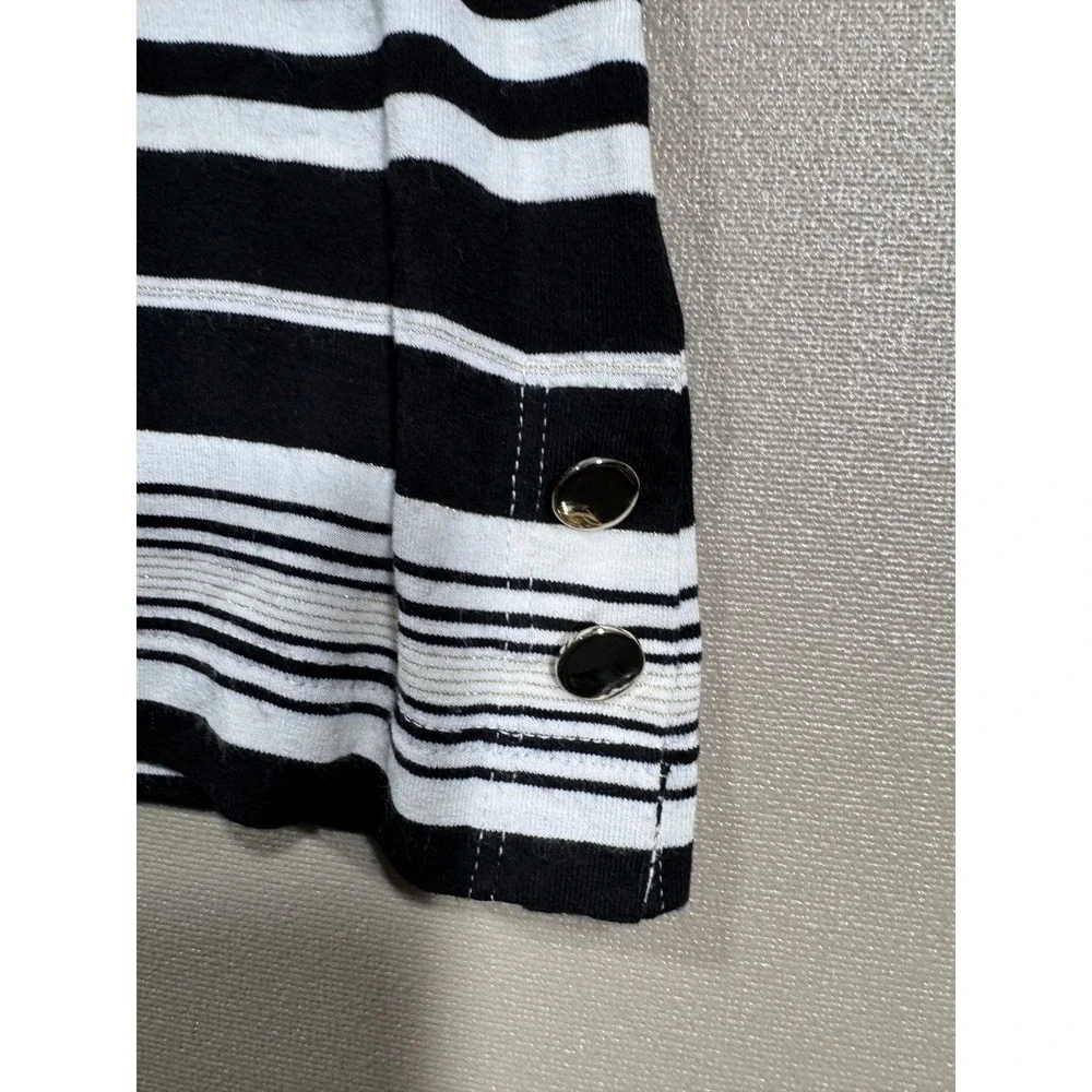 St John‎ Womens Small Black White Striped 3/4 Sleeve Knit Top Metallic Detail